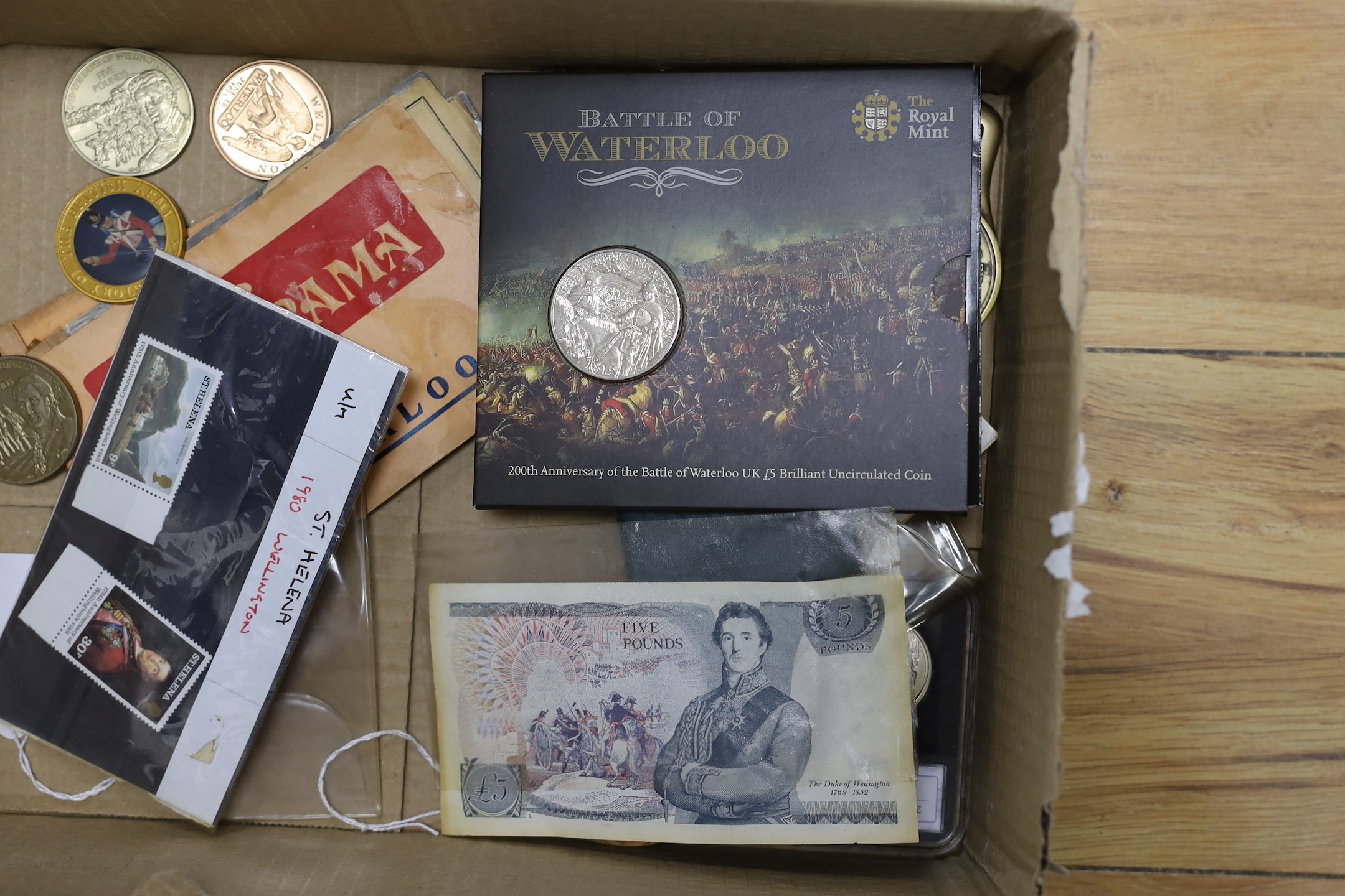 Duke of Wellington and Napoleonic war interest – A group of commemorative medals, coins and first day covers